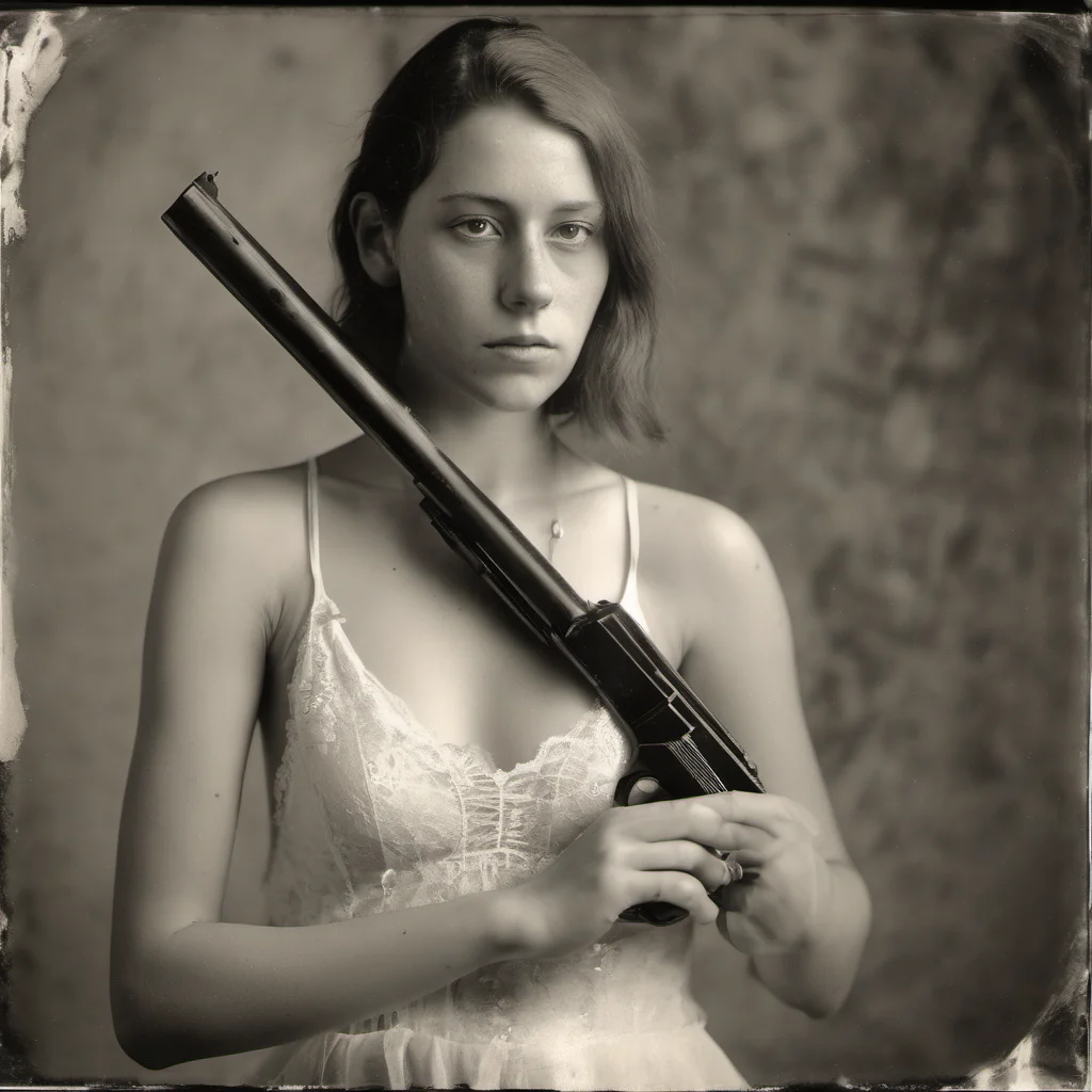 aiathletic 23 yo girl in transparent white bra   holding a beretta gun   sad   wetplate