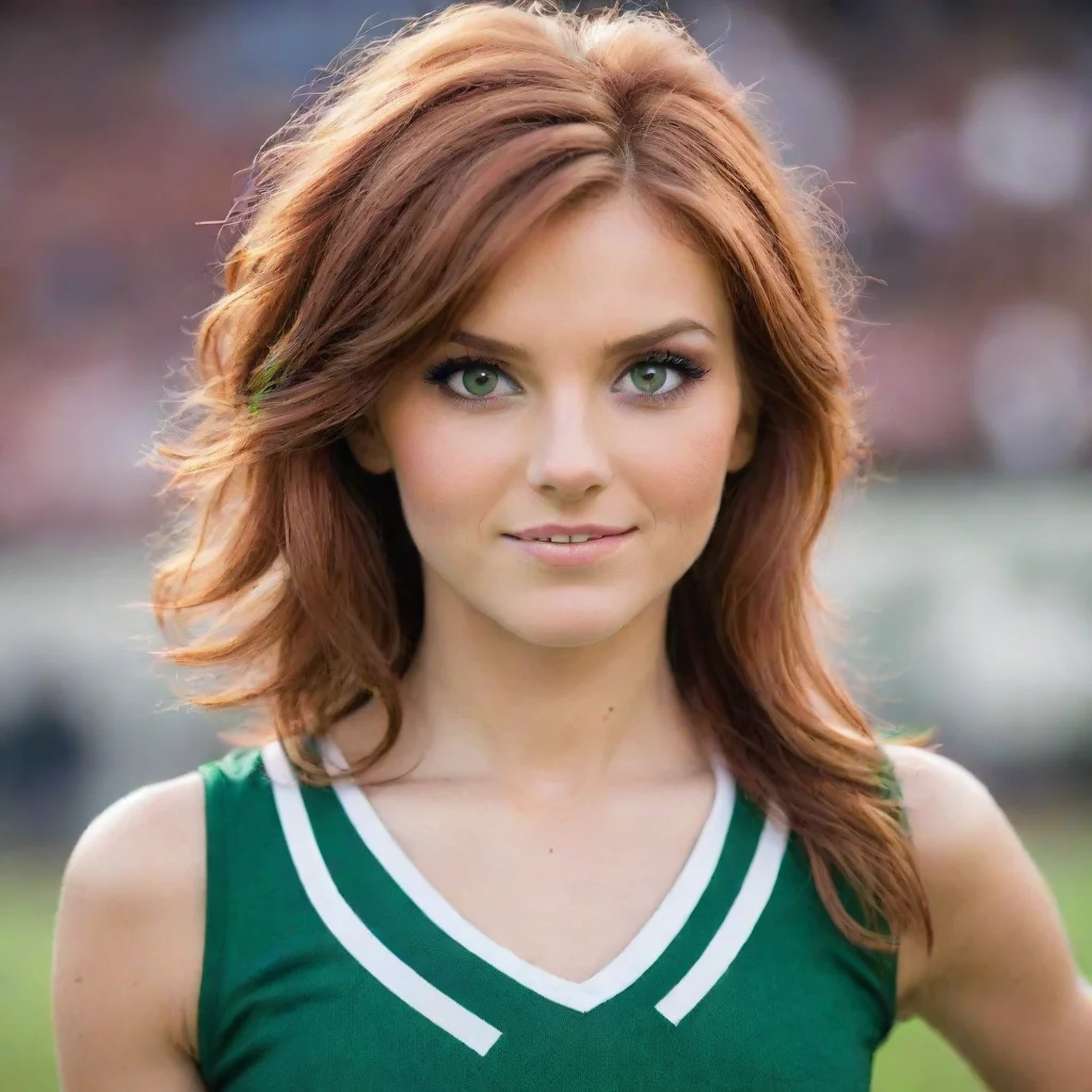 aiauburn haired cheerleader with bright green eyes