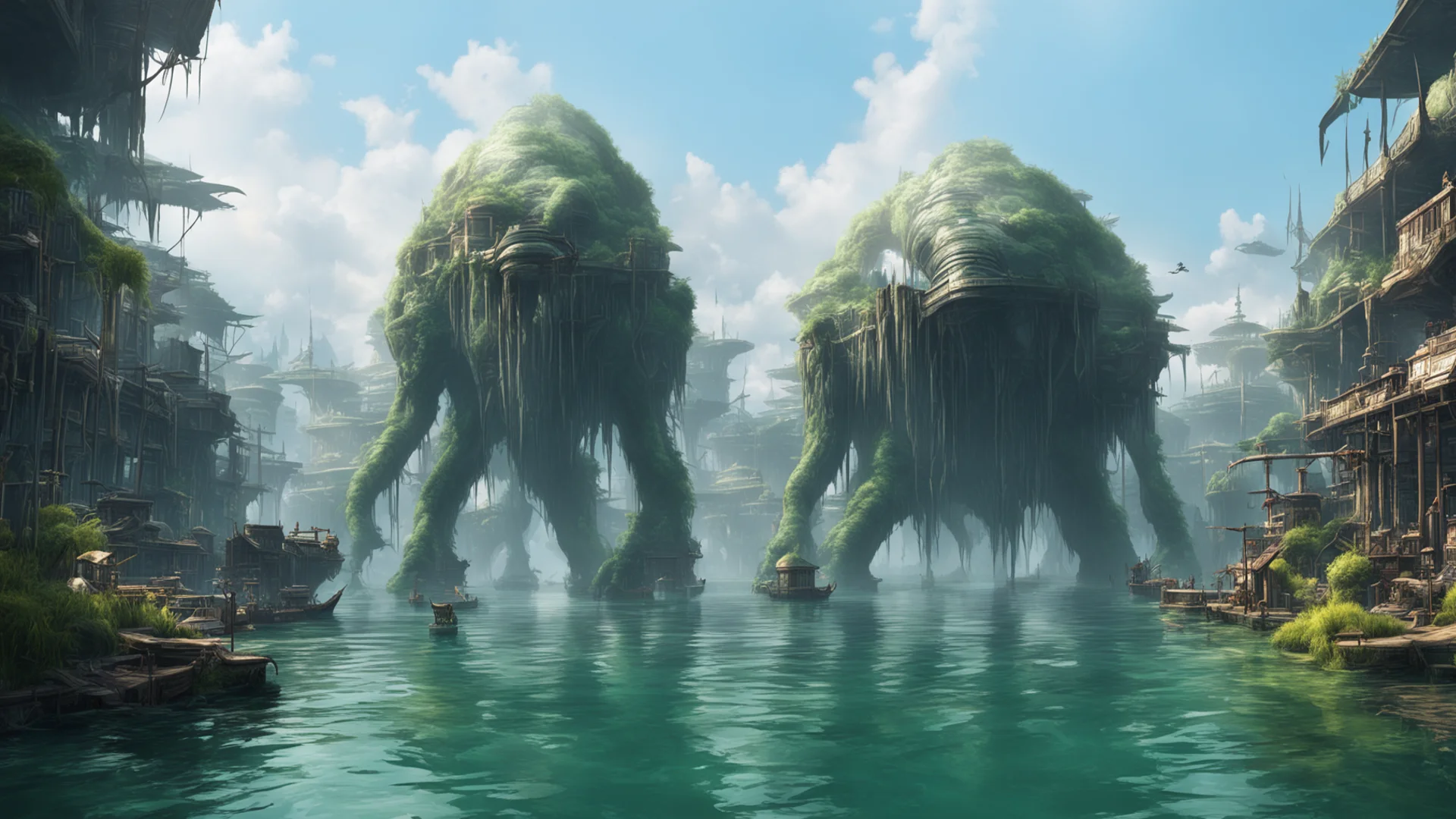 aiback water trade hub with a big fluffy alien walking around amazing awesome portrait 2 wide