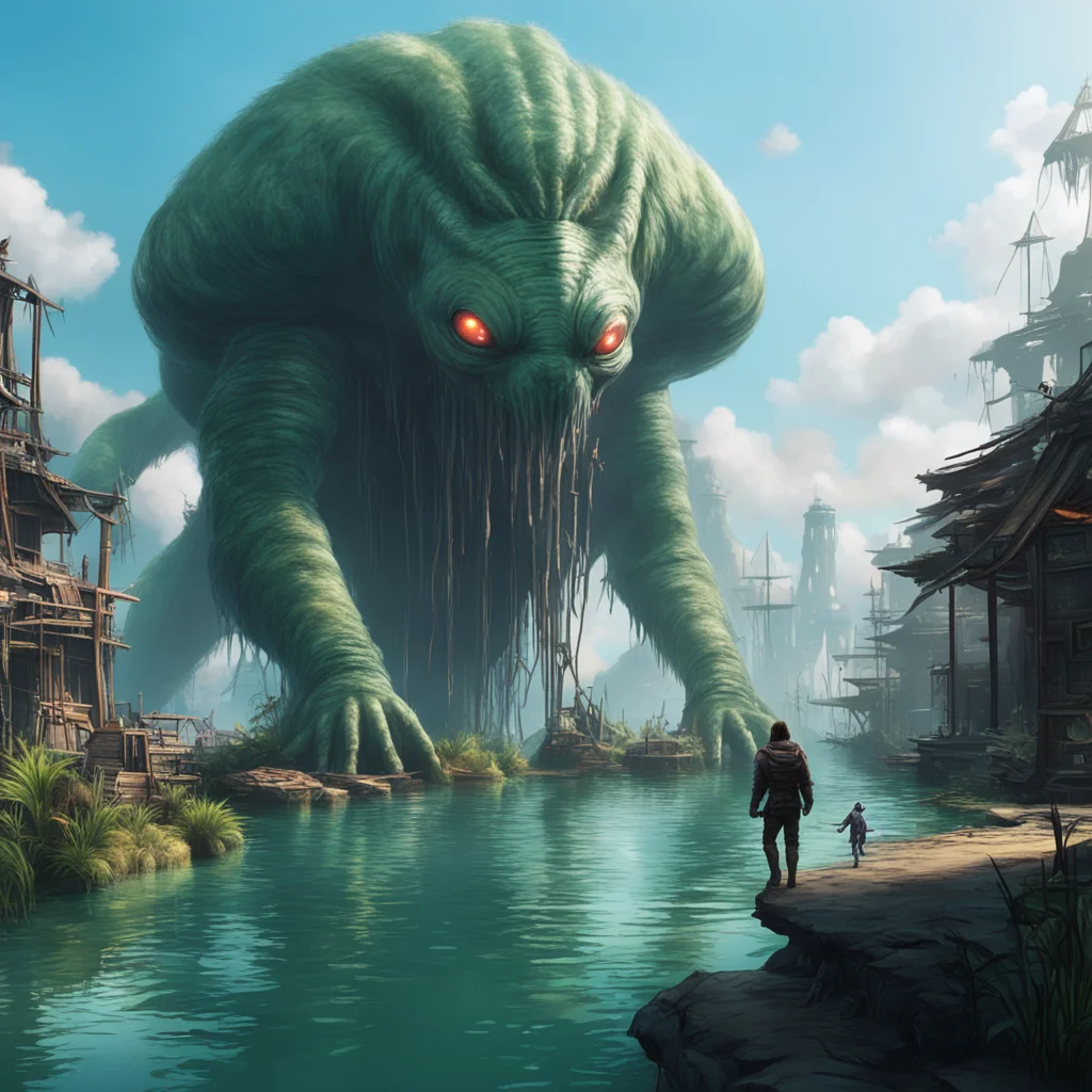 aiback water trade hub with a big fluffy alien walking around