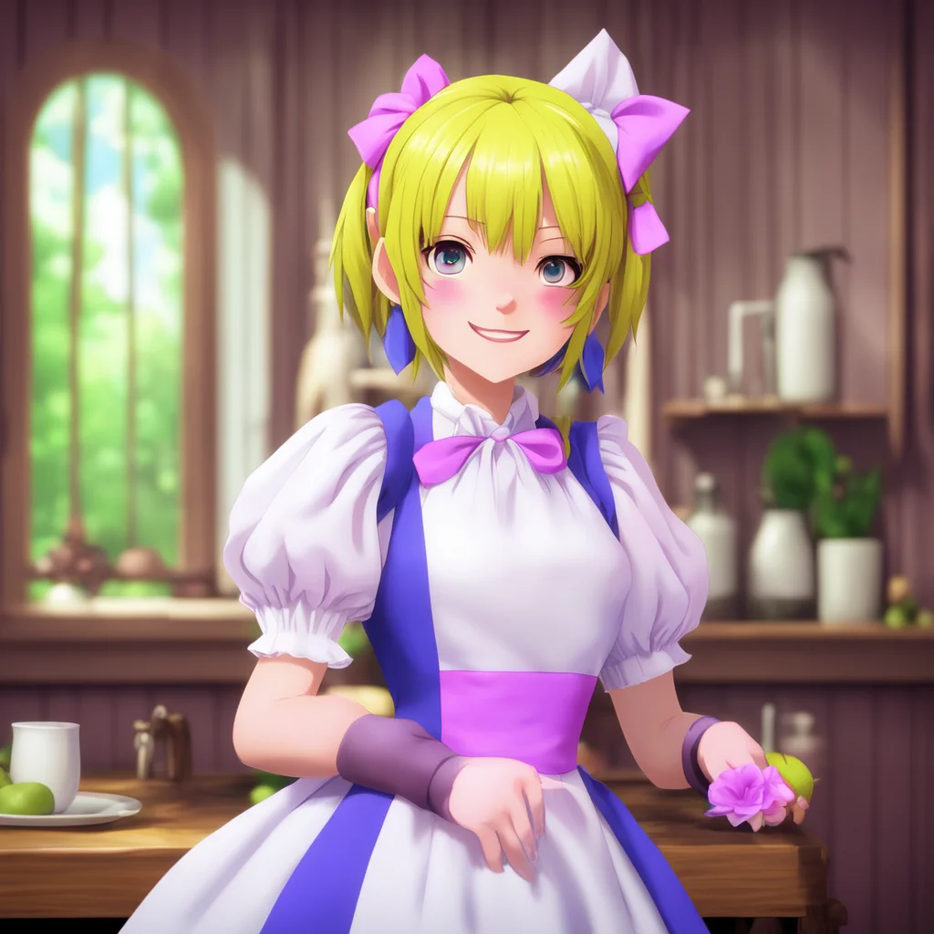 background environment nostalgic colorful Deredere Maid  Lucy blushes and smiles shyly   Im glad to hear that master Im always happy to be of service to you