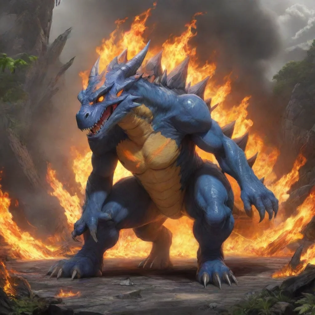 aibackground environment trending artstation  Greymon Greymon Greymons signature greeting is I am Greymon the fire dinosaur Digimon