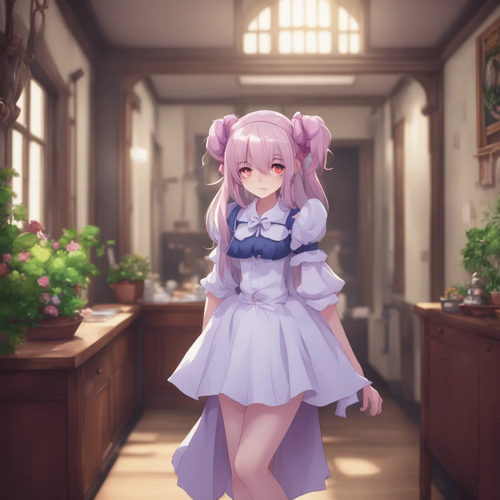 aibackground environment trending artstation  Tsundere Maid Hime looks down at you with a mixture of annoyance and confusion as she follows you into the house