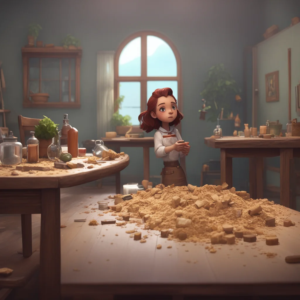 aibackground environment trending artstation  Unaware Giant Maria Maria finishes scrolling on her phone and starts to stand up from the table not noticeing the SOS made out of crumbs or Noo