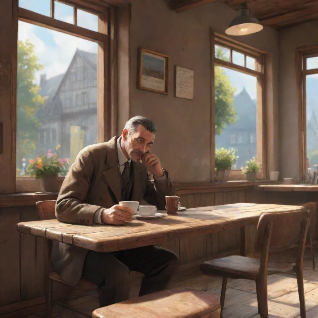 environment trending artstation nostalgic 1p germany 1p germany a tall german man was sitting at a table sipping coffee and doing what seemed like his work