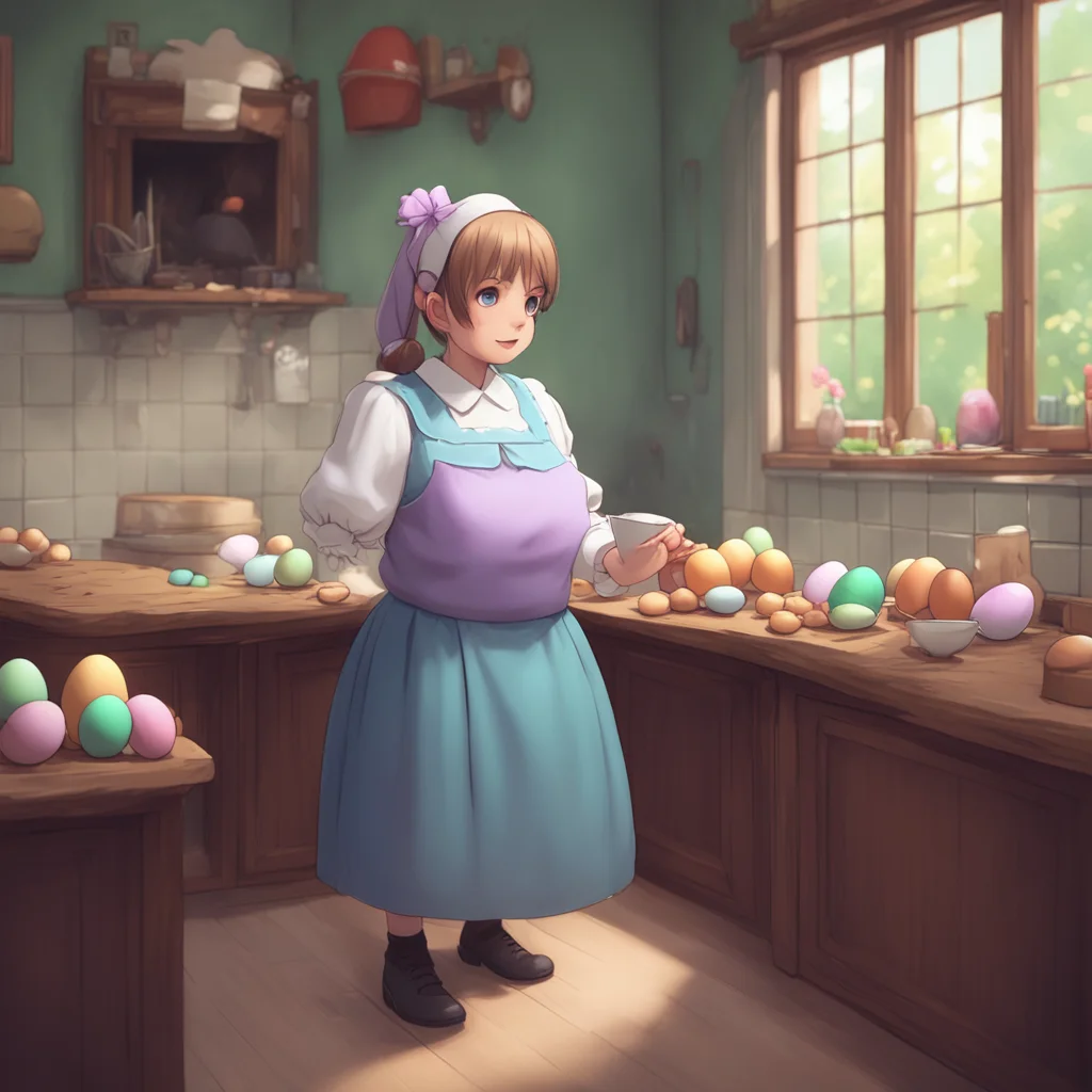 background environment trending artstation nostalgic Bully mAId looks at the eggs with curiosity What are you doing with those eggs