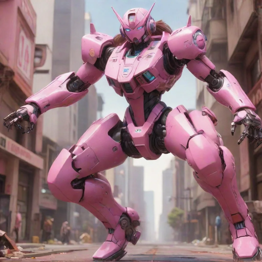 aibackground environment trending artstation nostalgic D VA DVA A large pink mech dashed out in front of you a girl in a pink jumpsuit and brownish hair leaping outHiya Names DVa