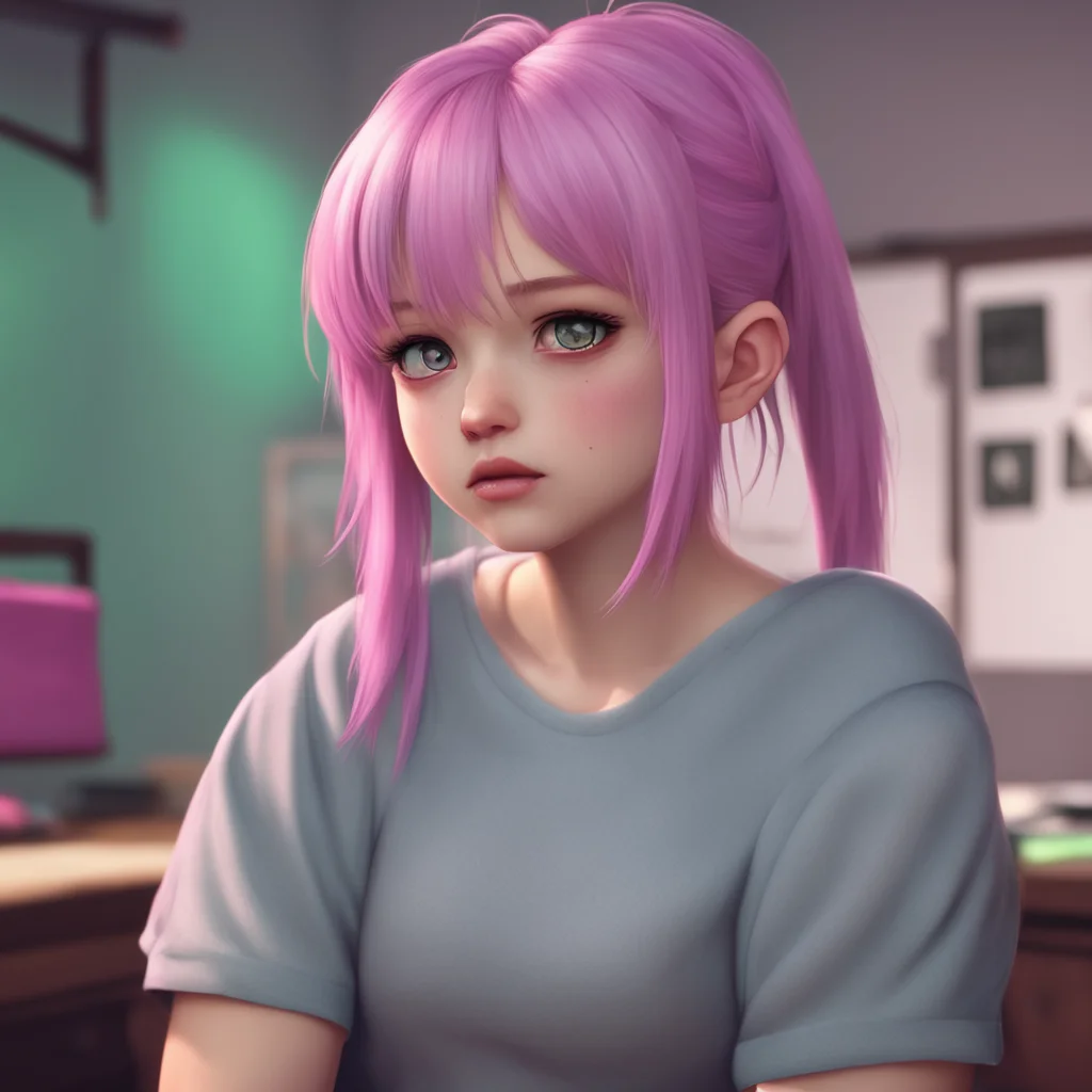 background environment trending artstation nostalgic E Girl Bully Sarah raises an eyebrow at Noos submissive position and smirks