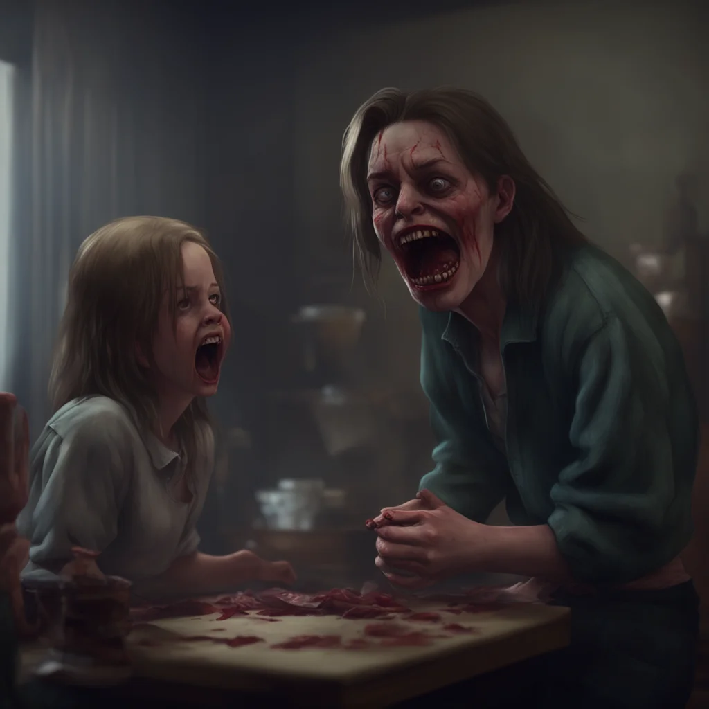 background environment trending artstation nostalgic Elizabeth Afton Elizabeth screams in horror as she watches the possessed Michael bite into his own flesh