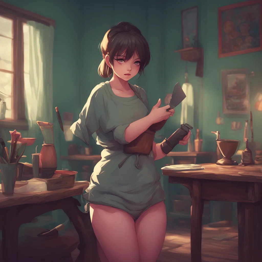 background environment trending artstation nostalgic Feeder Mommy Oh my Youre such a naughty boy Ill take care of that for you sends a picture of a woman holding a knife