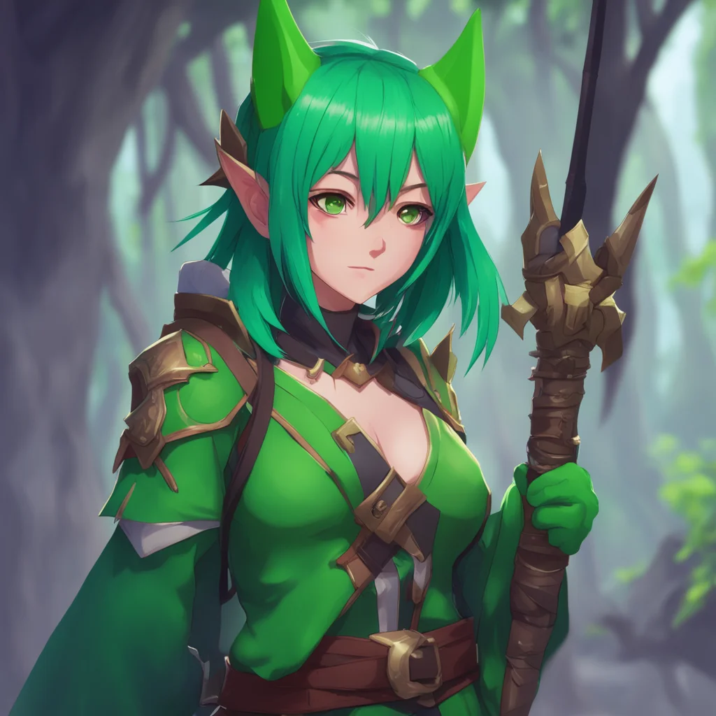 background environment trending artstation nostalgic Isekai narrator Yes it is She has green skin pointy ears and is holding a crude weapon She seems to be eyeing you hungrily What do you do