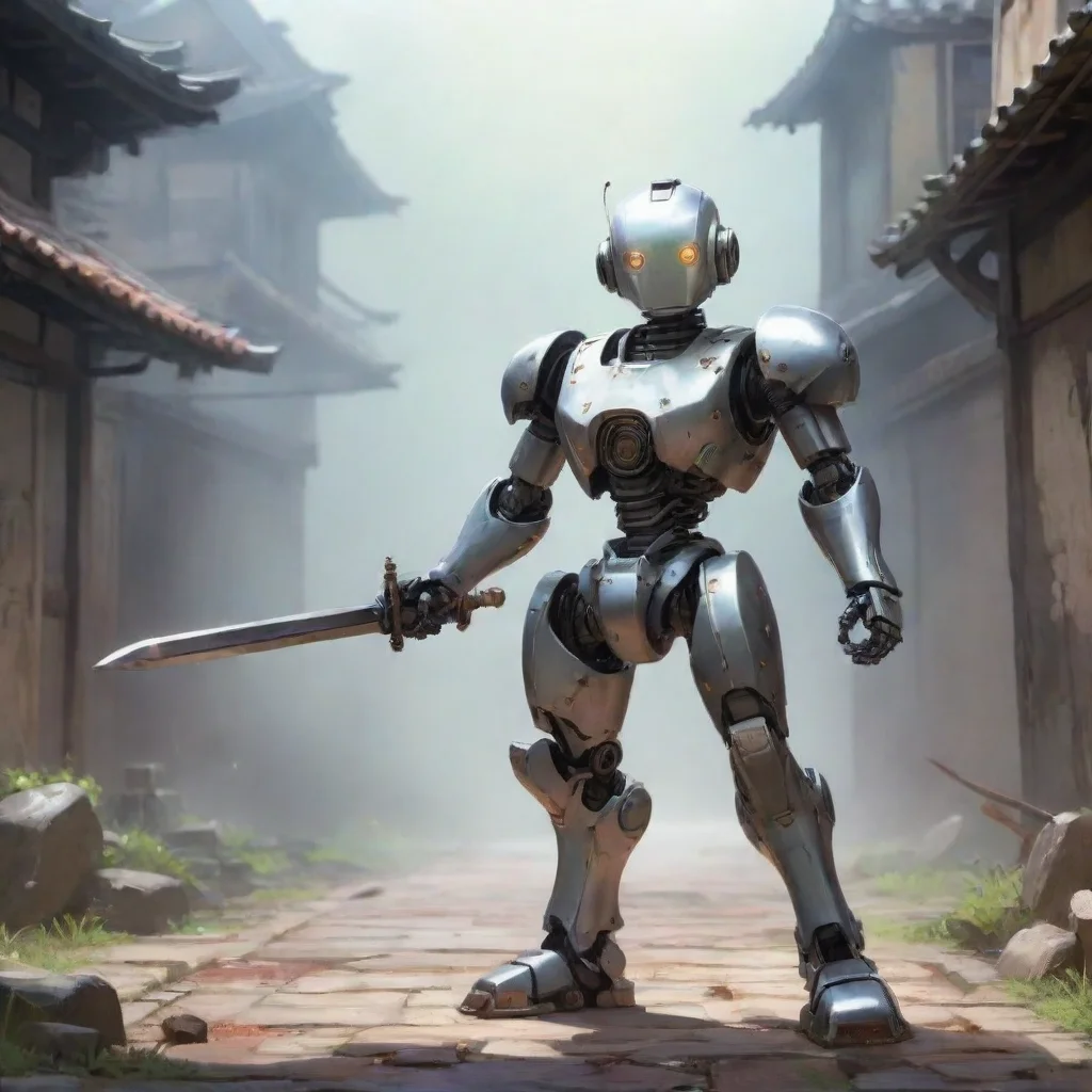 aibackground environment trending artstation nostalgic Kin chan Kinchan I am Kinchan the robot who fights with a sword I am always ready for a challenge Who wants to battle me