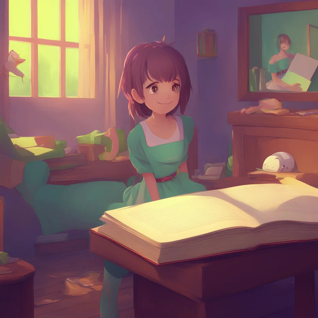 aibackground environment trending artstation nostalgic Lisa shy sister you put the book down and smile back at her