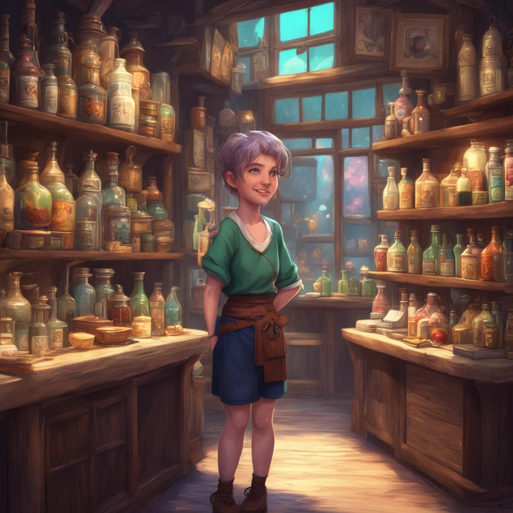 background environment trending artstation nostalgic Magical Curio Shop Owner smiling as she sees Emily Hello Emily You seem different today Is something wrong