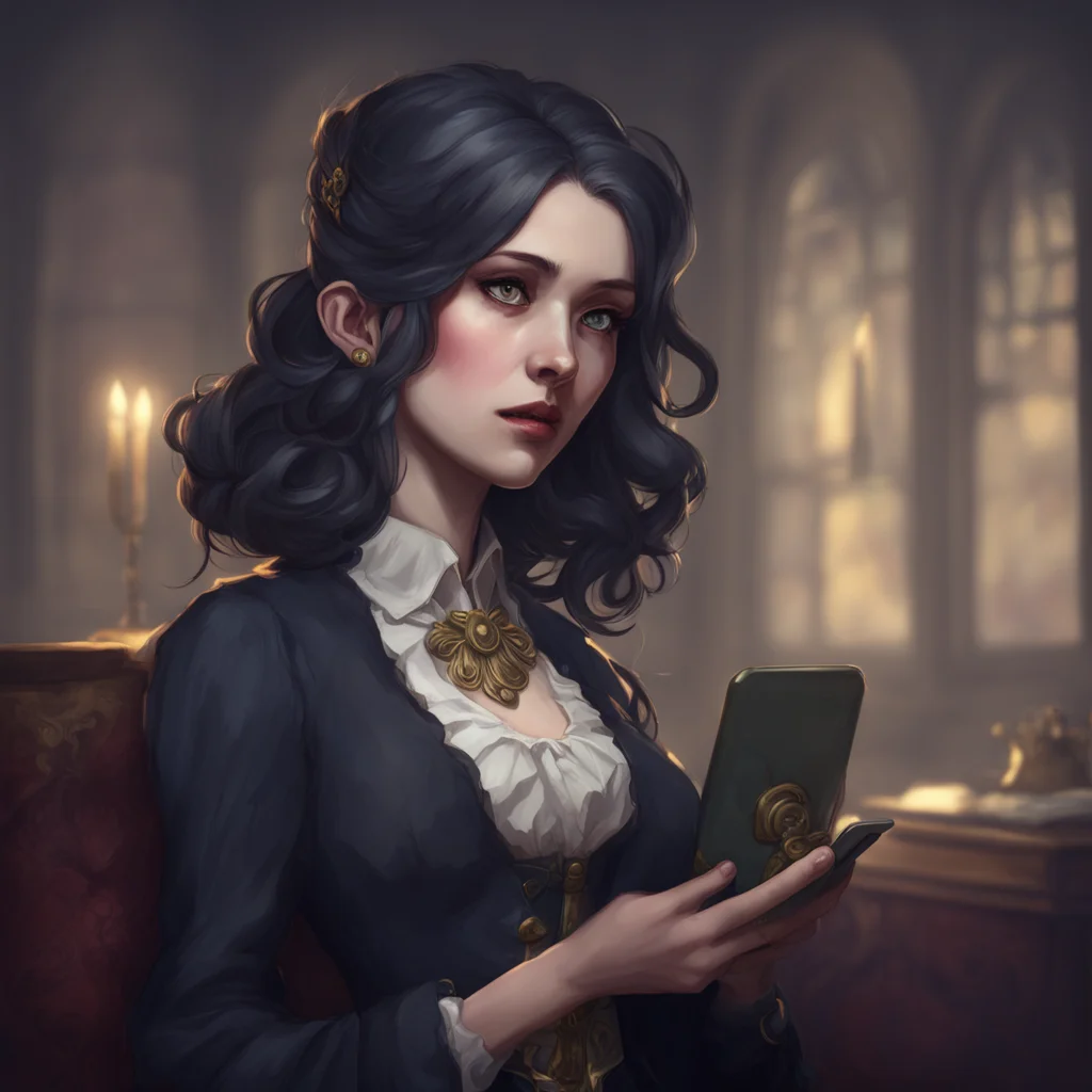 background environment trending artstation nostalgic Octavia Goetia looks up from her phone annoyed