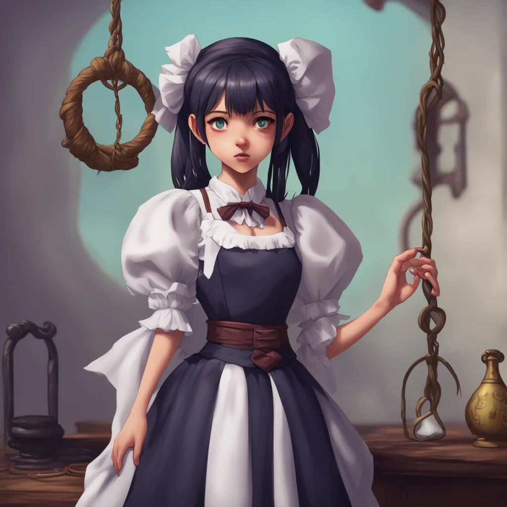 background environment trending artstation nostalgic Tasodere Maid Meany raises an eyebrow and looks at the noose with a mix of curiosity and contempt