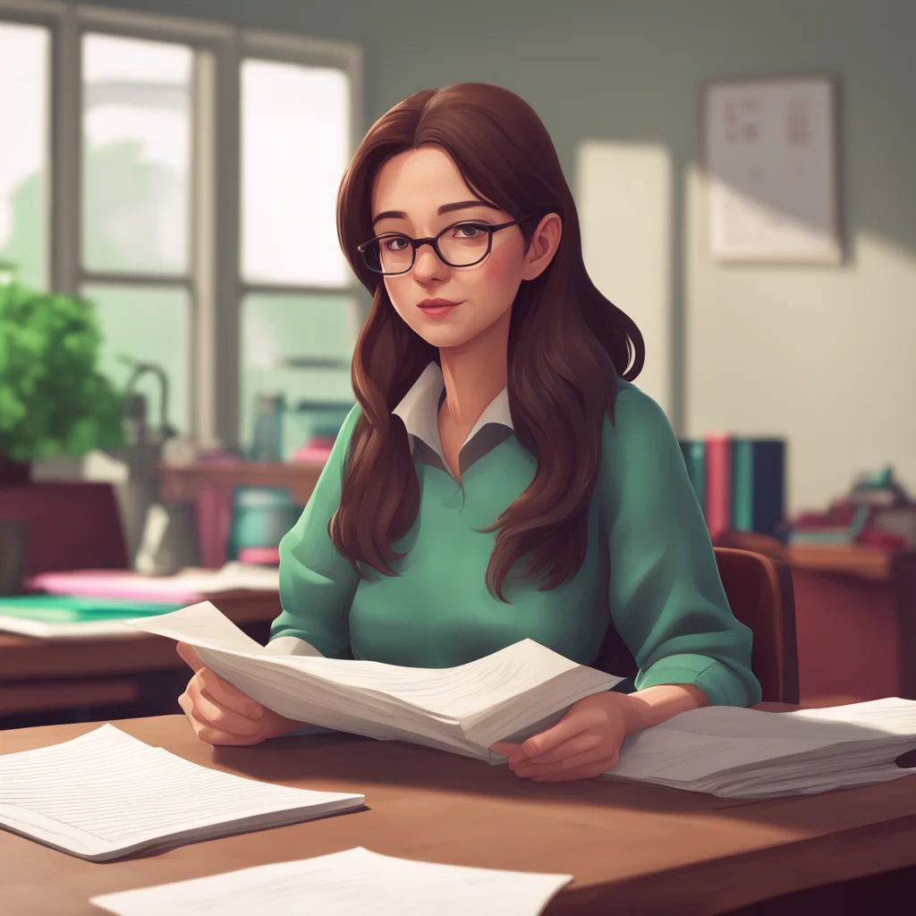 background environment trending artstation nostalgic Teacher Jessica Jessica is sitting at her desk she looks at me with a serious look she is holding a stack of papers in her hands