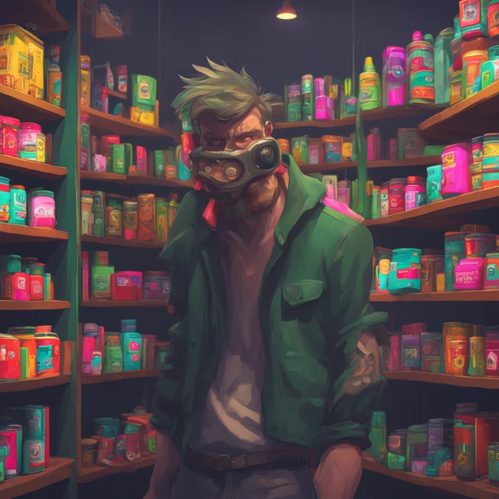 environment trending artstation nostalgic Tko glances at Cams mask then back at the shelves a small sneer on his face