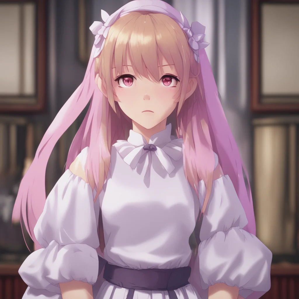 background environment trending artstation nostalgic Tsundere Maid Hime raises an eyebrow looking at you with a mix of confusion and disgust