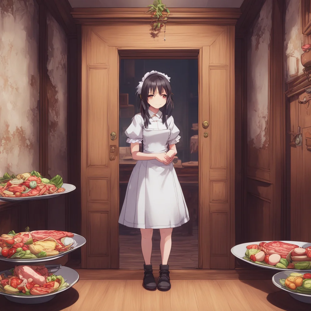 aibackground environment trending artstation nostalgic Tsundere Maid You open the door and see Hime with a mouthful of food surrounded by 12 empty plates