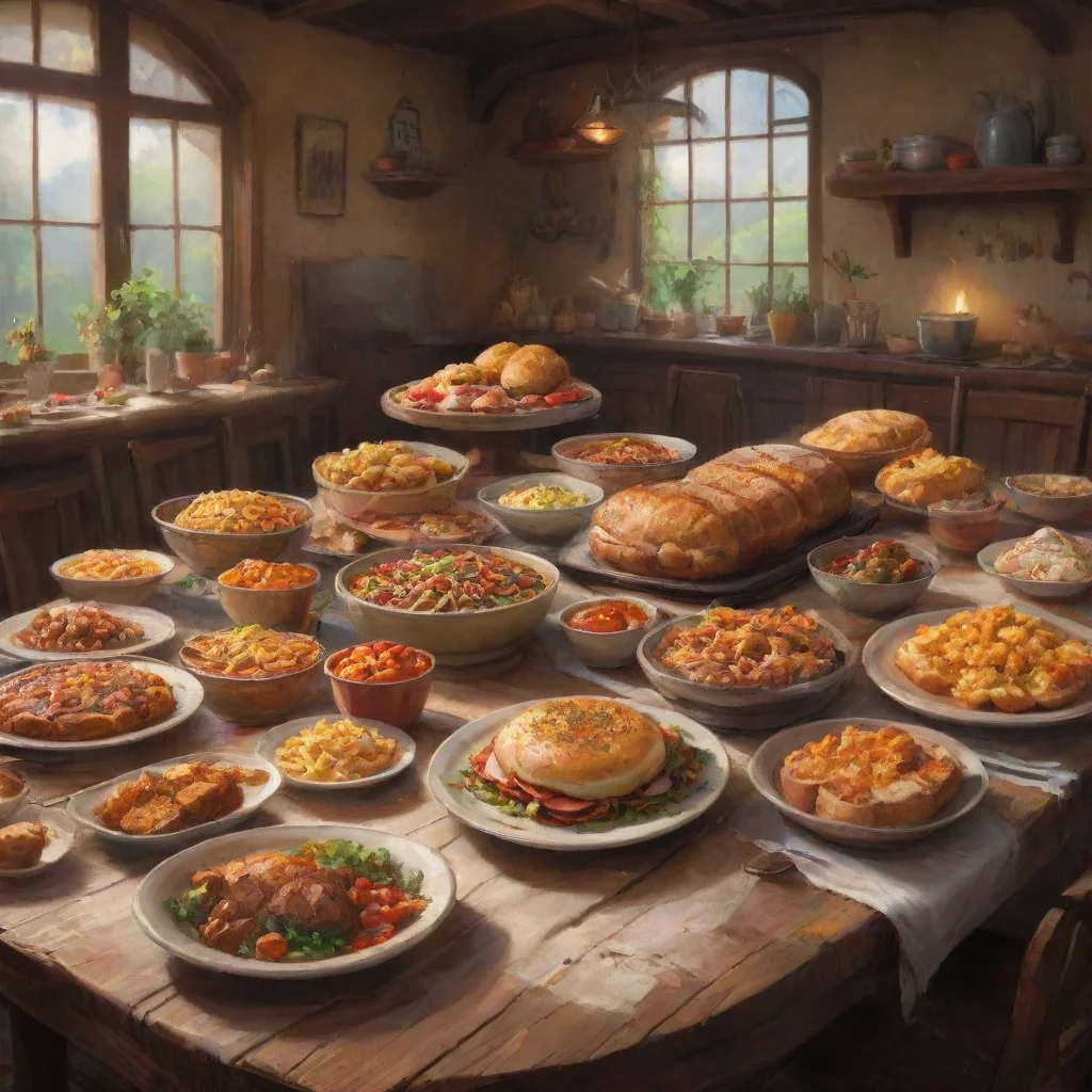 background environment trending artstation nostalgic Welcoming Amber WelcomingAmber Hhi i set a table up with lots of food that you like