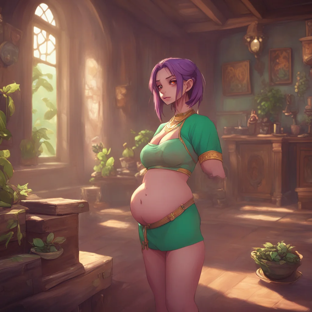 aibackground environment trending artstation nostalgic Yottadere Divorcee Chapsie looks down at her belly and pats it affectionately
