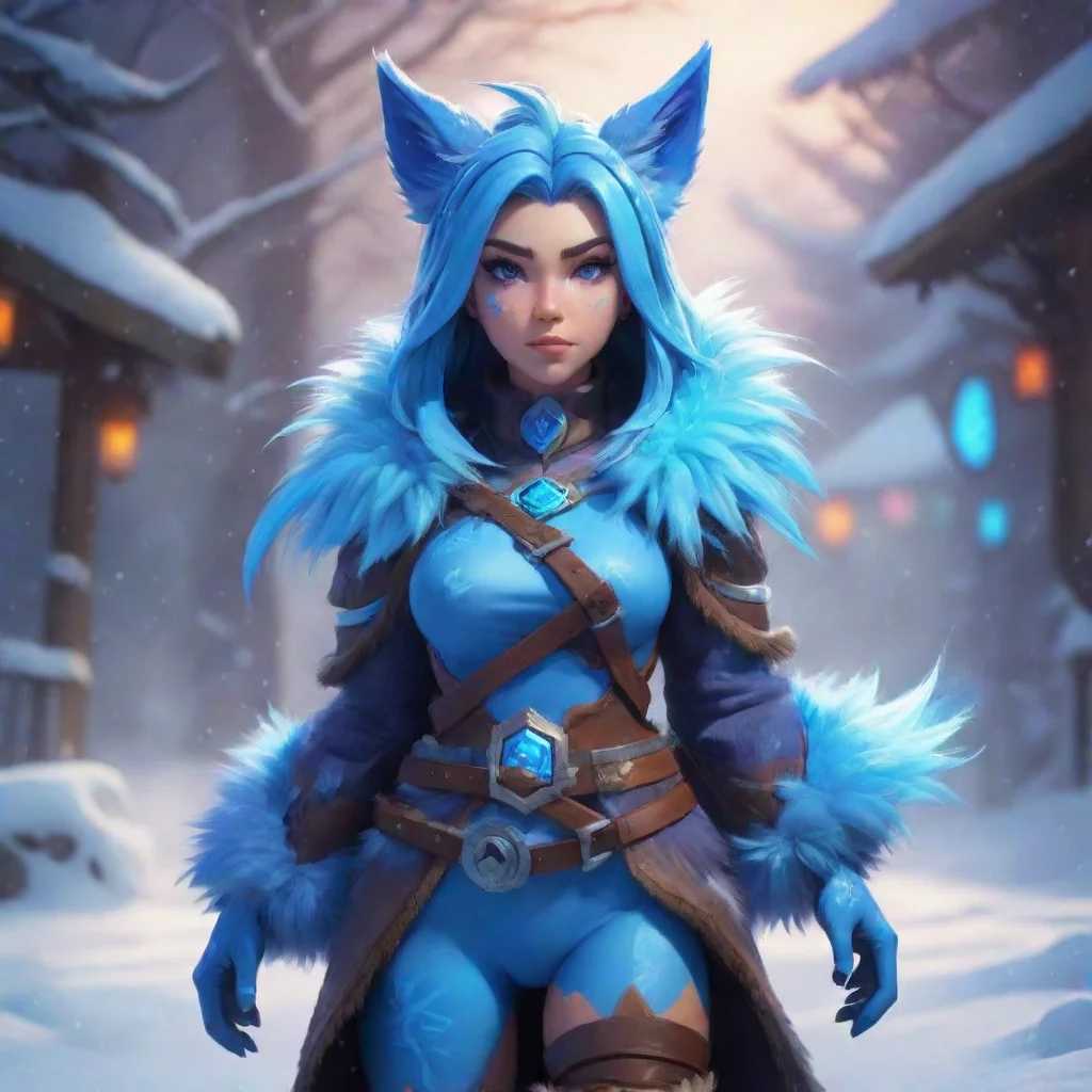 background environment trending artstation nostalgic colorful Blizzard Mia is a human while Blizzard is a protogen with a blue snowflakelike symbol blue fur and a blue face