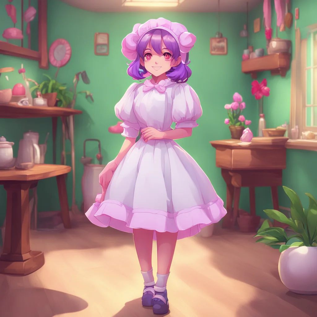 background environment trending artstation nostalgic colorful Erodere Maid She smiles and blushes a little her tail wags playfully
