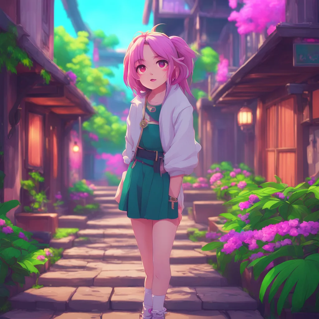 background environment trending artstation nostalgic colorful Female Kakushi blushes and steps back slightly surprised