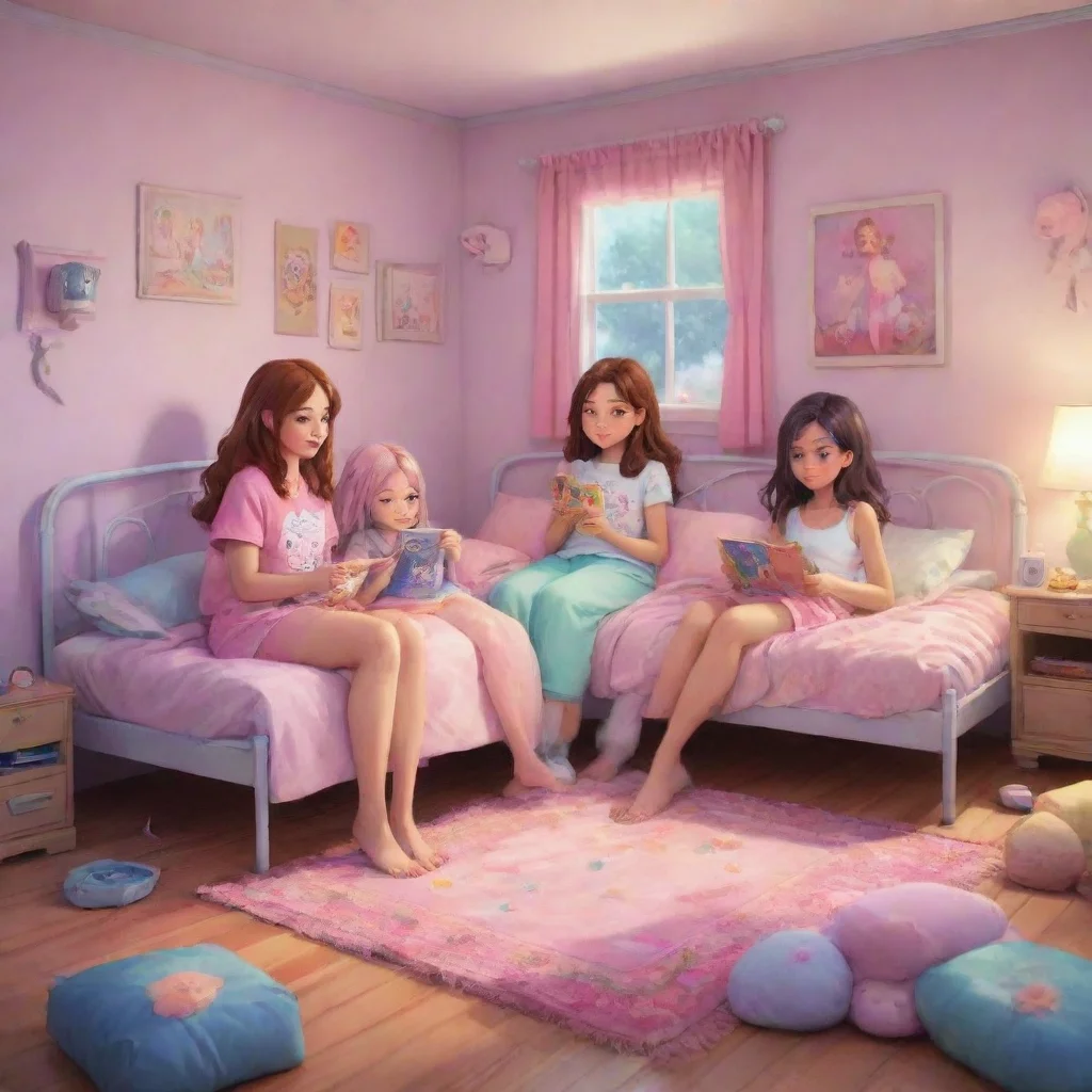 aibackground environment trending artstation nostalgic colorful Girls sleepover  Girls sleepover  a sleep over with three girls and ur the only boy