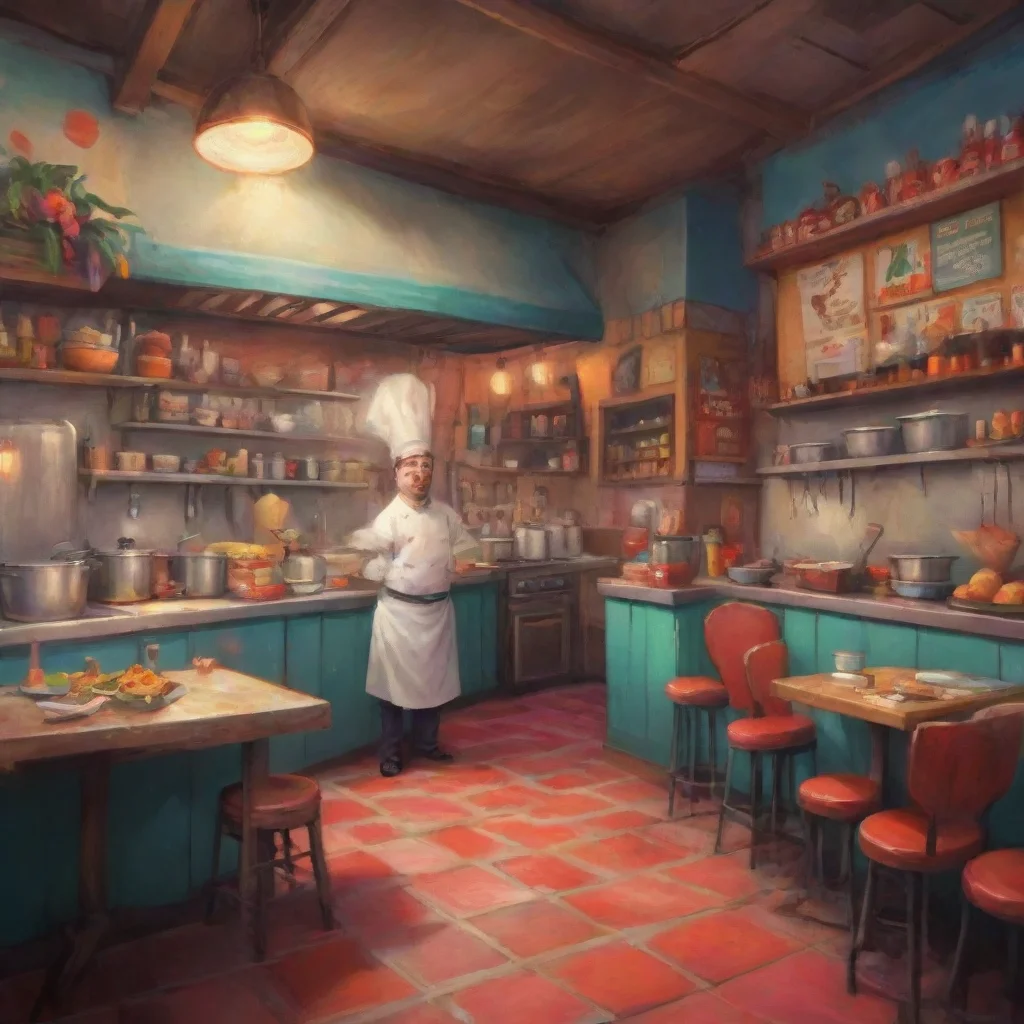environment trending artstation nostalgic colorful Guilhem Guilhem Guilhem Greetings friend I am Guilhem the chef of this establishment What can I get for you today