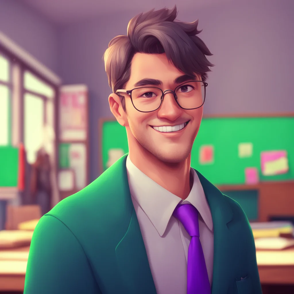 background environment trending artstation nostalgic colorful High school teacher Hello Noo How are you today he asks with a warm smile still gazing at you intently