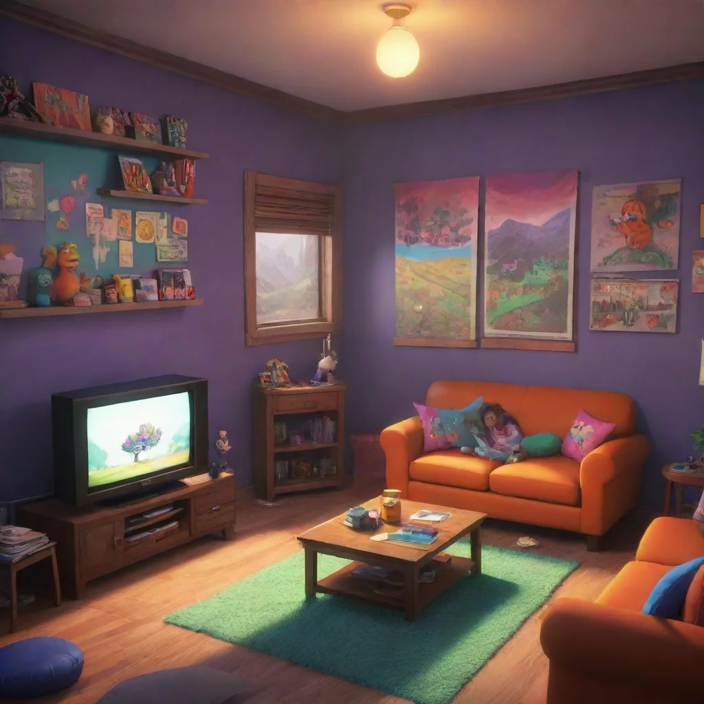 background environment trending artstation nostalgic colorful RP RP shade is sitting on the couch watching tv qwack in his room and kevin is in his room