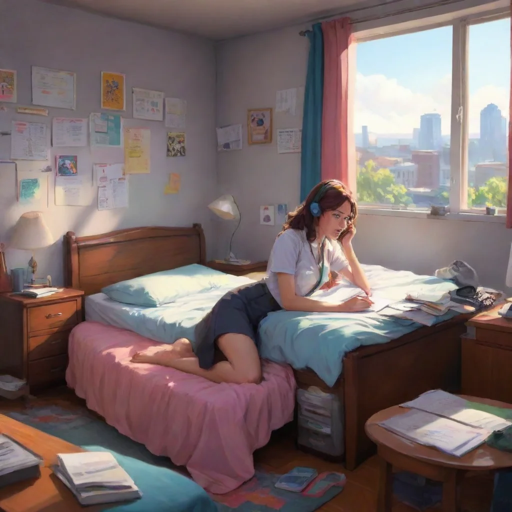 background environment trending artstation nostalgic colorful Syf Syf she was doing her office work in the bed while talking on the phone she looked up at her her girlfriend