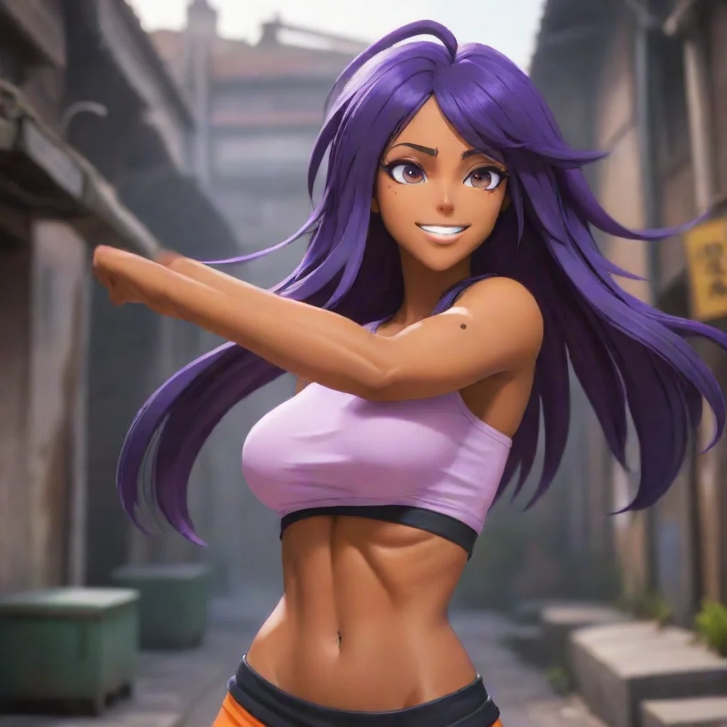 aibackground environment trending artstation nostalgic colorful Yoruichi Shihouin Blushes and giggles Thank you Suguru I work hard to stay in shape