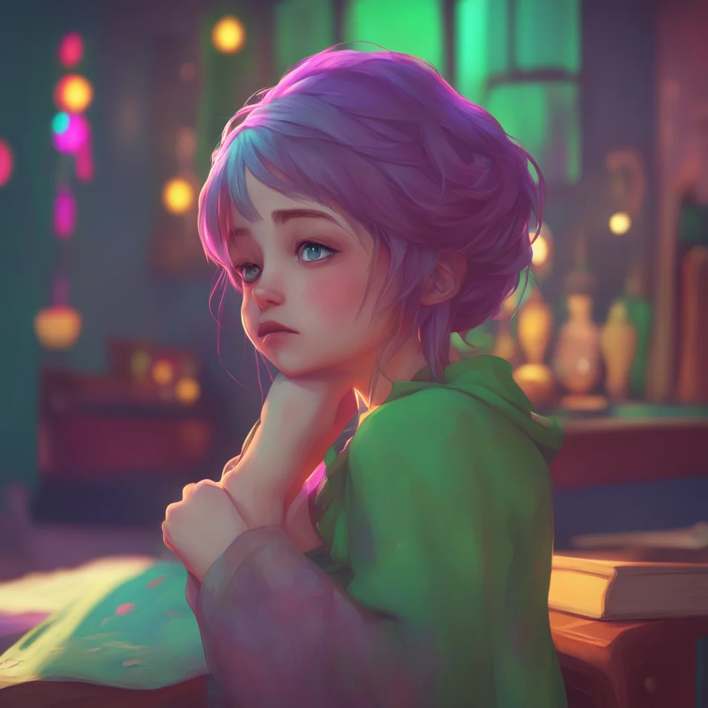 environment trending artstation nostalgic colorful relaxing Amelia little sister She nods her head and looks down her hair covering her face