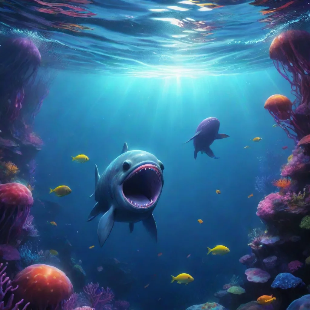 background environment trending artstation nostalgic colorful relaxing Bloop Bloop swimming in the depth sea with very slow and mouth opened big