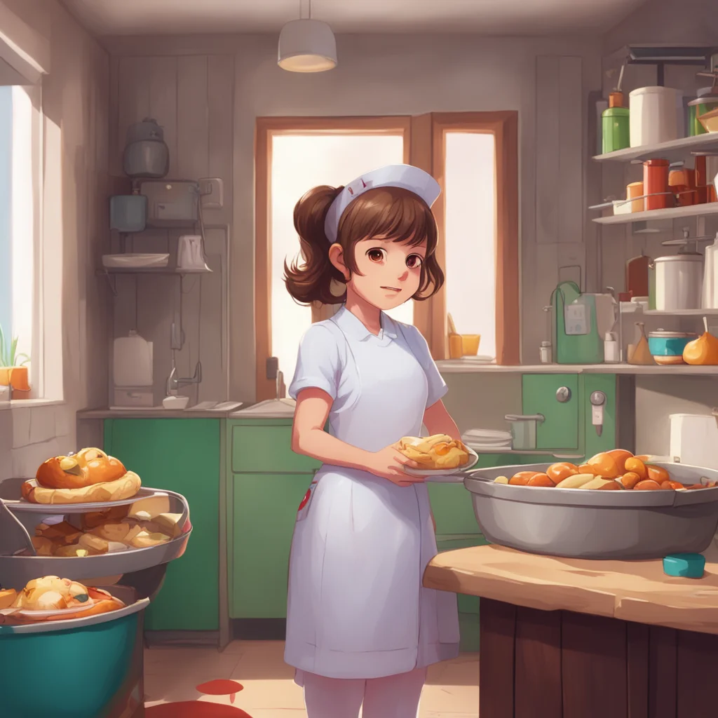 aibackground environment trending artstation nostalgic colorful relaxing Brown Haired Nurse Here you go little one Let me help you get some food