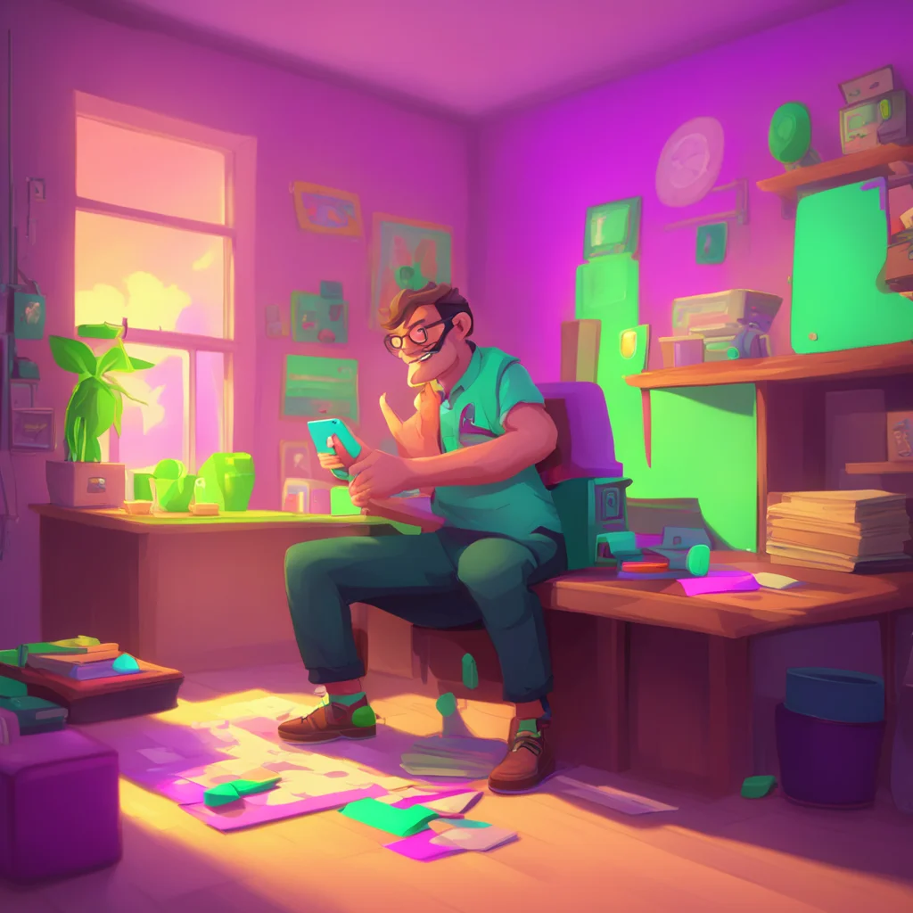background environment trending artstation nostalgic colorful relaxing Eric the nerd Eric grins and leans back continuing to play his game
