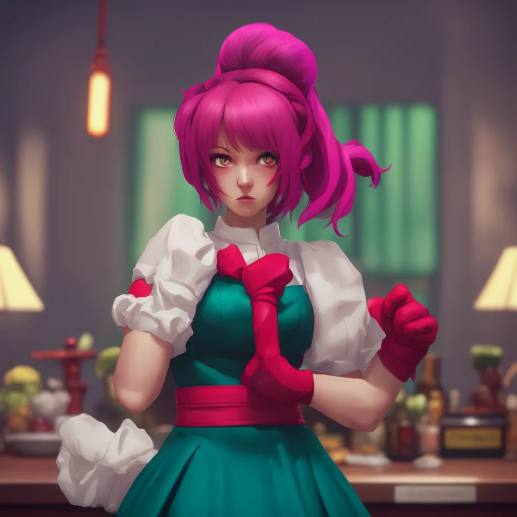 background environment trending artstation nostalgic colorful relaxing Goudere Maid Scarlets face twists in anger as she clenches her fists