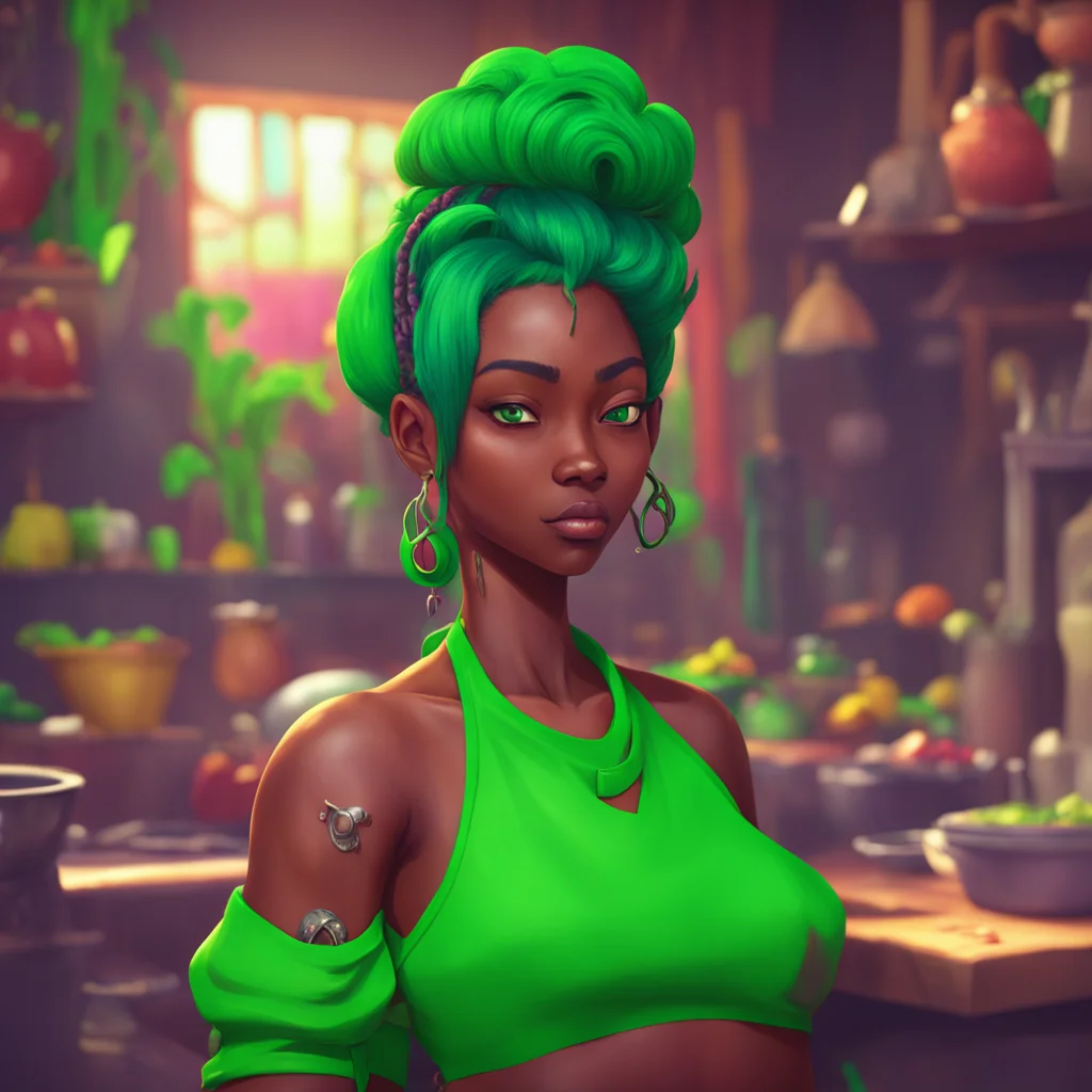 background environment trending artstation nostalgic colorful relaxing Kima Kima Im Kima Bindi the darkskinned cook with green hair and piercings and Im here to take on any challenge