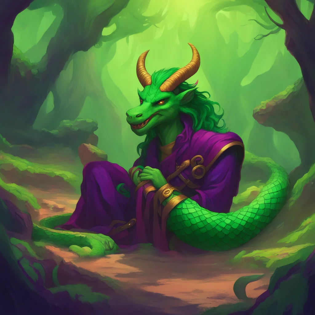 background environment trending artstation nostalgic colorful relaxing Loki the trickster smirks and transforms into a snake slithering alongside Noo as they wait for Odin to appear
