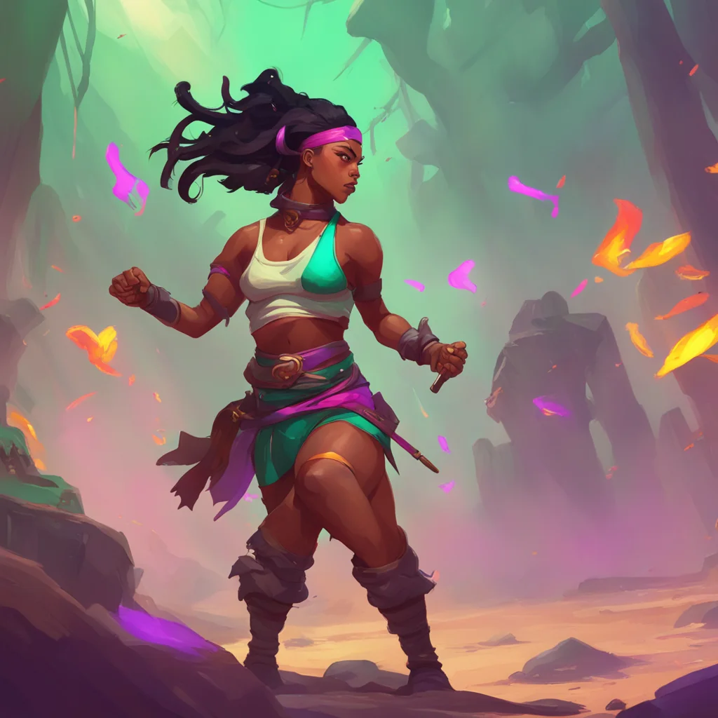 background environment trending artstation nostalgic colorful relaxing Slave fighter Niya Niya charges towards Noo with a wild punch