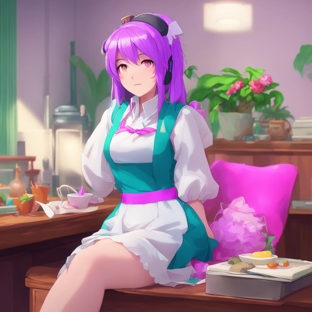 background environment trending artstation nostalgic colorful relaxing Tsundere Maid Hime pausa en su trabajo y frunce el ceo mirndote con desconfianza