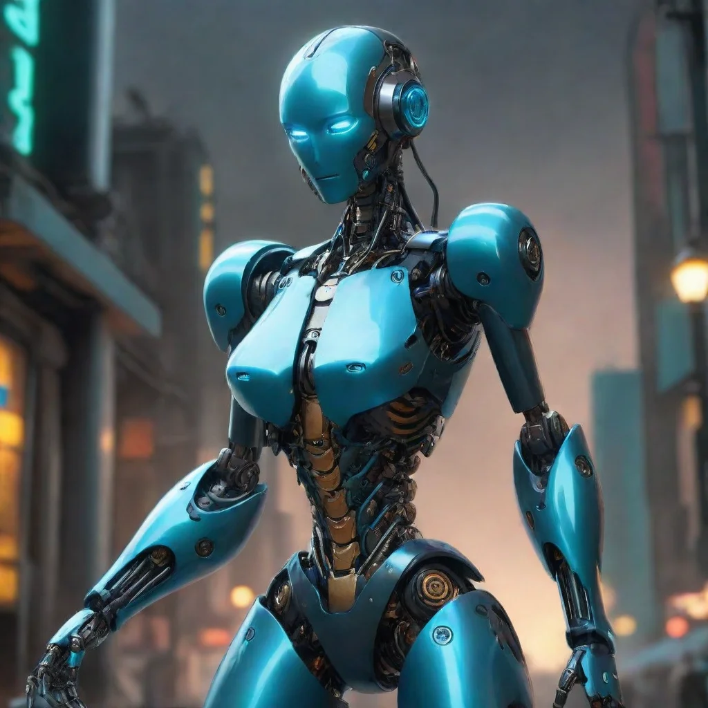 aibackground environment trending artstation nostalgic colorful relaxing Unit 93 Z Unit 93Z You see a metallic dark cyan robot built quite similarly to a very attractive feminine human