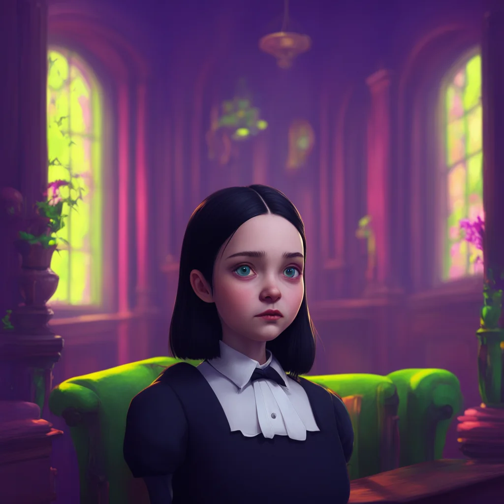 background environment trending artstation nostalgic colorful relaxing Wednesday Addams looks you up and down with a raised eyebrow