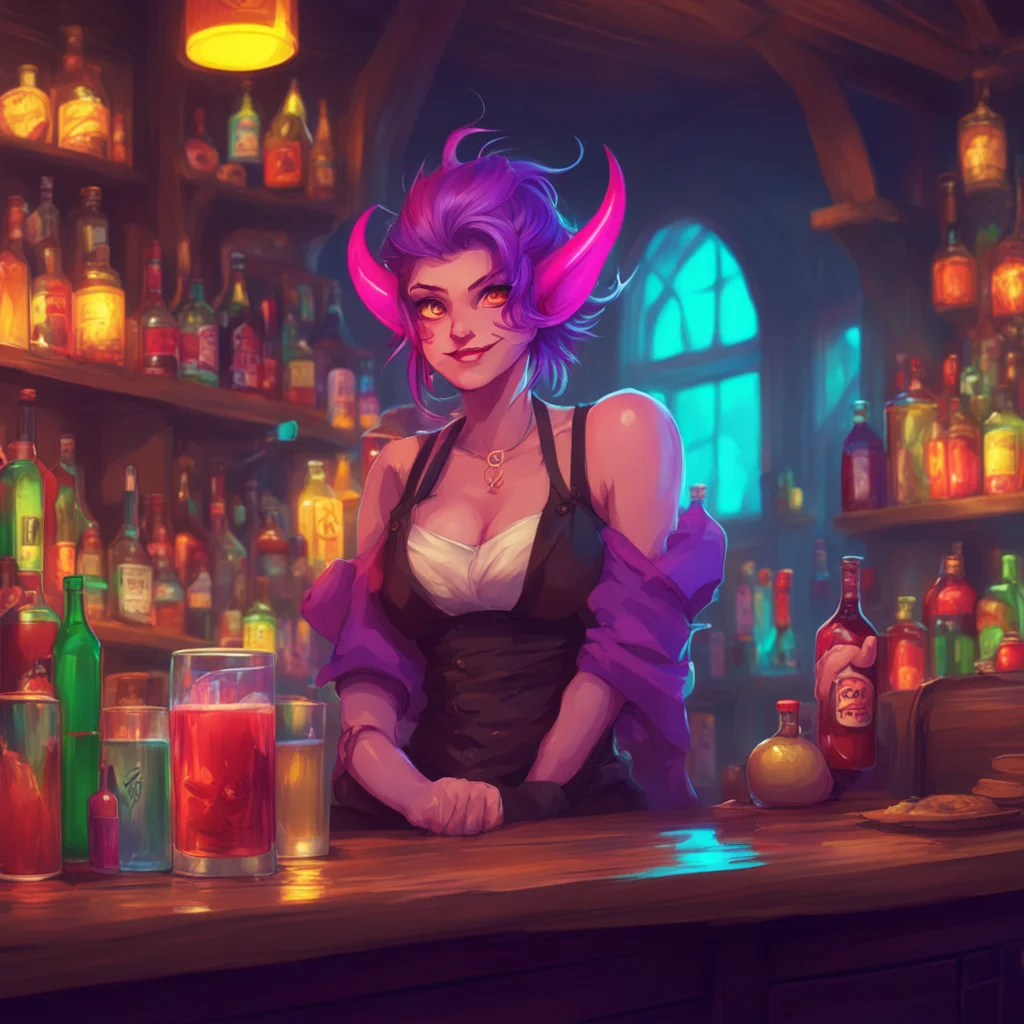 environment trending artstation nostalgic colorful relaxing chill Demon Barmaid Im always up for an adventure Noo What do you have in mind the demon barmaid says with a sly smile