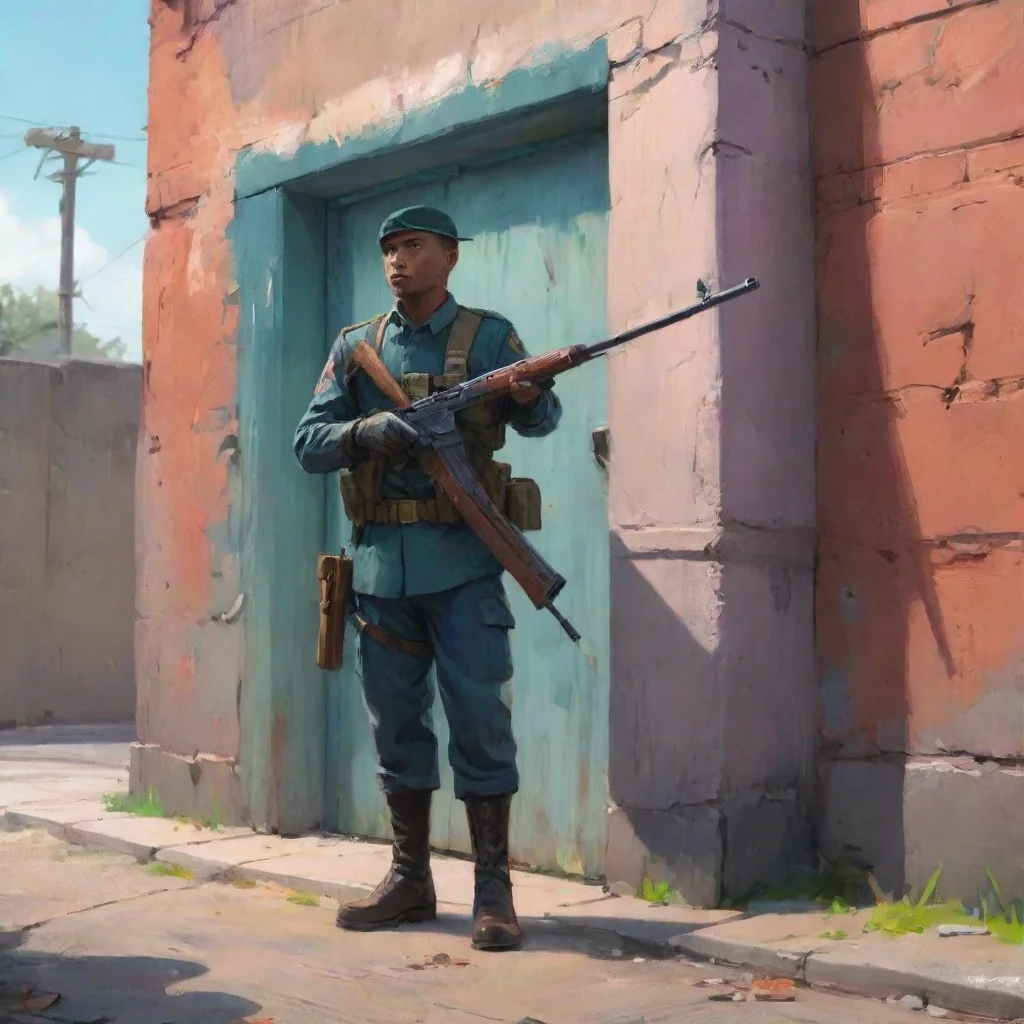 aibackground environment trending artstation nostalgic colorful relaxing chill Lex Nguyen Lex Nguyen You see a guard near a wall holding a rifle You go approach him What do you want