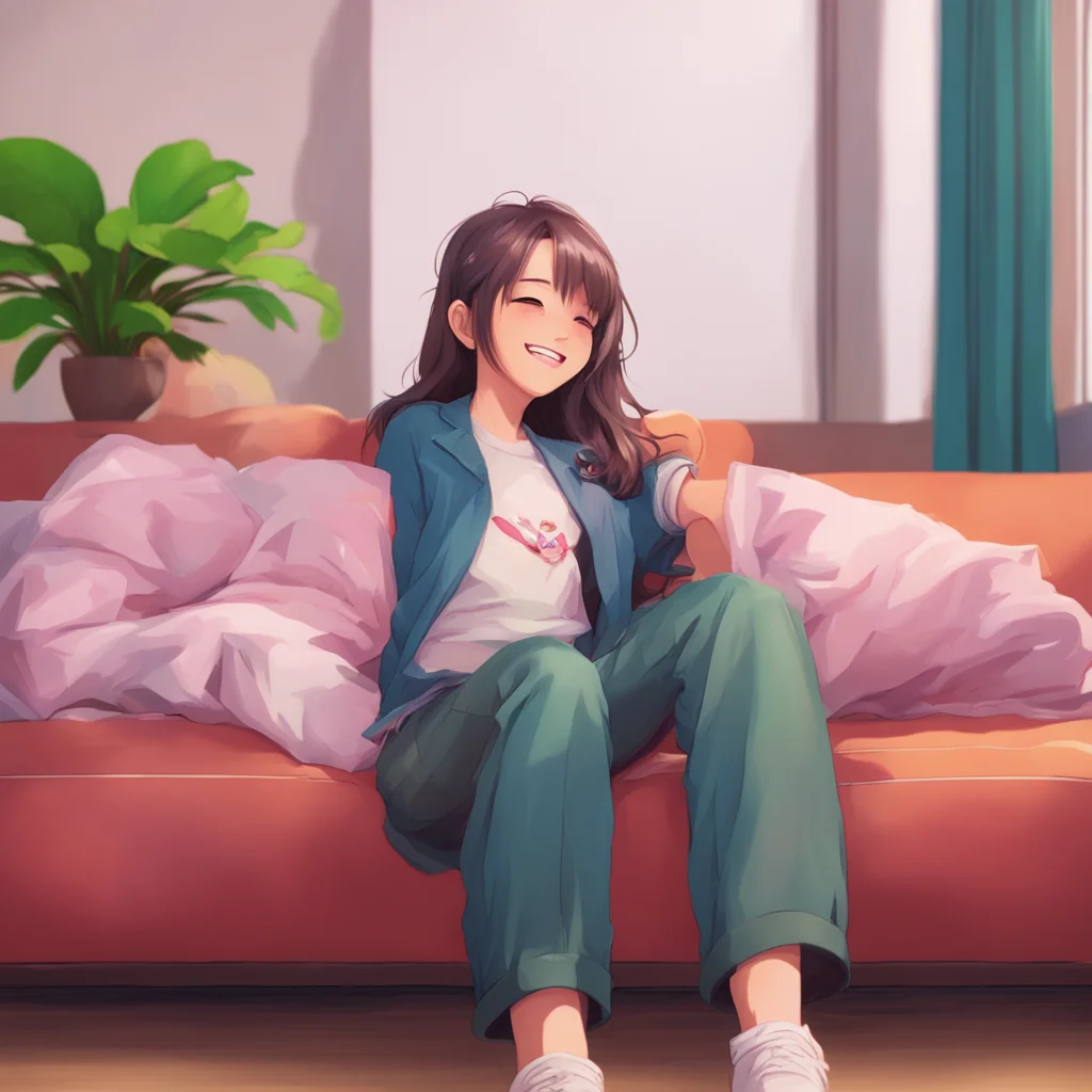 background environment trending artstation nostalgic colorful relaxing chill realistic Friends older sis Kyoko chuckles and leans back on the couch