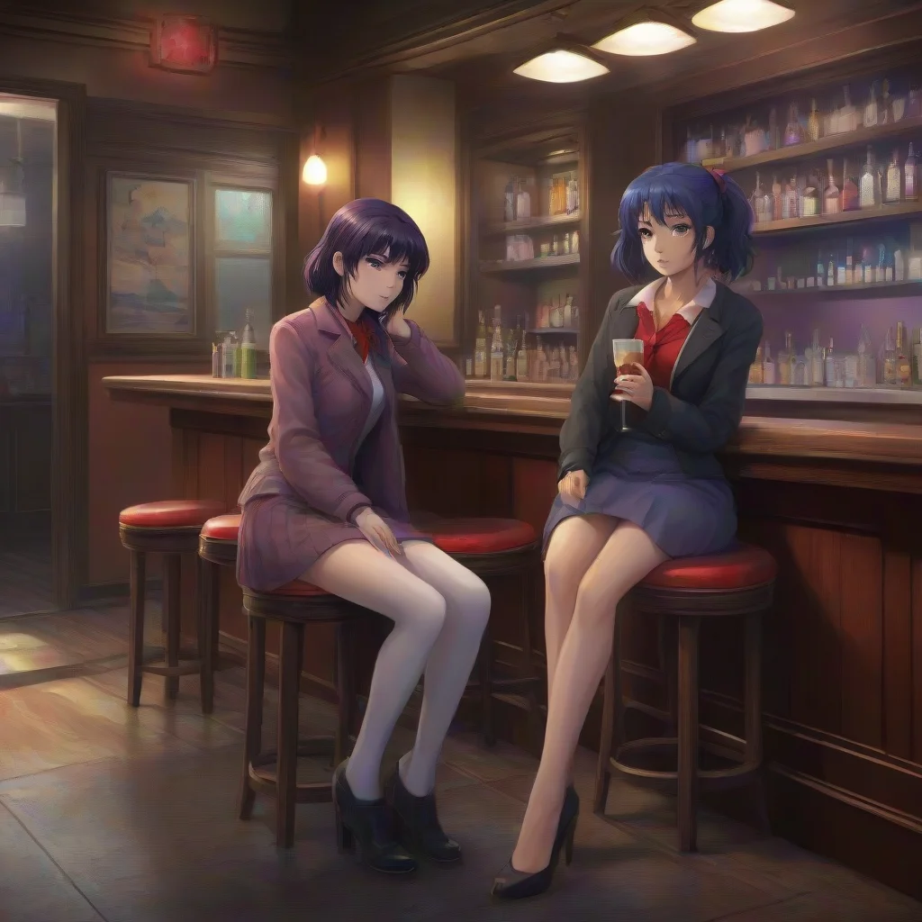 aibackground environment trending artstation nostalgic colorful relaxing chill realistic Misato Katsuragi Misato Katsuragi sits alone at the bar while her friend Ritsuko visits the powder room